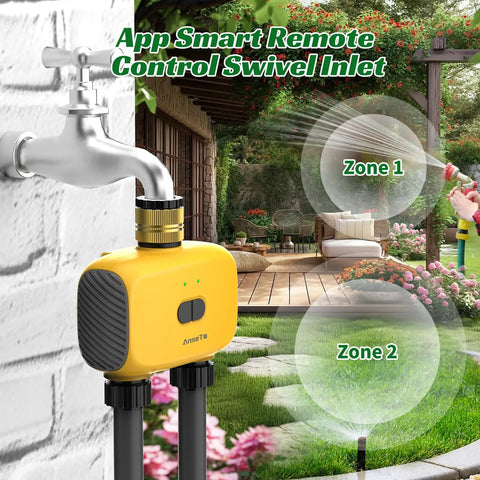 WiFi Sprinkler Timer Two Zone With App Control For Travel, Smart Irrigation System for outdoor hose and lawn care, brass inlet