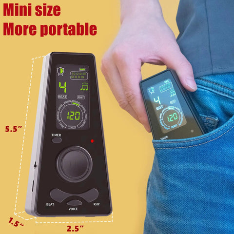 Digital Metronome For Piano Guitar Violin Ukulele Cello Flute With LED Display Rotary Tempo Knob in a pocket, showing size.