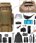 Beefy 70 Liter And 100 Liter Hiking Backpack For Men, Military Style Rucksack With Molle System, shown with camping gear.