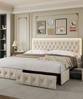 Queen Size Velvet Bed Frame Featuring Smooth As Butter Storage Drawers, Smart Led Chill Lights, Adjustable Headboard, Button Tufted Modern Platform Bed, Solid Wood Slats, No Sweat Assembly, Beige with open drawers.