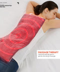 Weighted Heating Pad With Calming Heat And Massaging Vibrations on person's back, 12x24 in, 3 heat levels, 6 massage settings, auto shut-off.