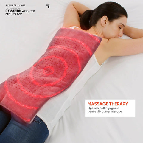 Weighted Heating Pad With Calming Heat And Massaging Vibrations on person's back, 12x24 in, 3 heat levels, 6 massage settings, auto shut-off.