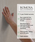 Person touching Premium Paper Backed Vinyl Wall Covering With Gleam Beige Texture Heavyweight Textured Wallpaper Roll with warranty details.