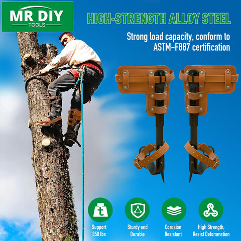 Beefed Up Heavy Duty Tree Climbing Spikes Set 1 Pair Alloy Steel Climbing Spurs With 350 Lb Load Capacity visible on tree with man climbing.