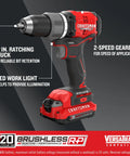 Brushless Cordless Drill Driver Kit With Two Batteries And Charger, 1/2 Inch Ratcheting Chuck, featuring LED Work Light