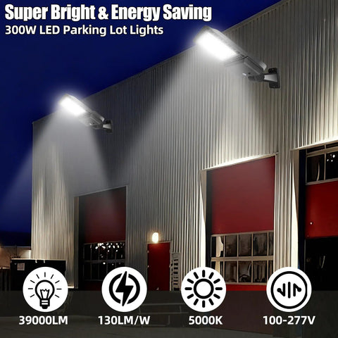 Crazy Bright 300W LED Parking Lot Light With Adjustable Arm Mount 39000 Lumens 5000K illuminating building exterior