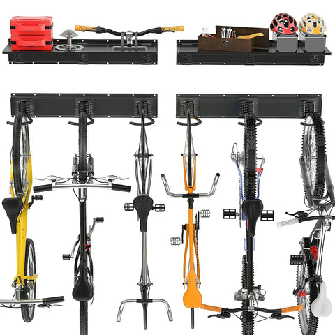 Wall Mounted Bike Storage Rack With Shelf, 6 Bike Hangers For Garage, Space Saving Wall Mount Holds Up To 600 Lbs, Includes Two Storage Shelves For Helmets And Gear, showing six bikes vertically hung and helmets on shelves