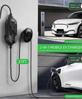 Portable Level 2 EV Charger 40A 9.6kW 240V with adjustable current, 25FT cable, charging two electric cars in garage