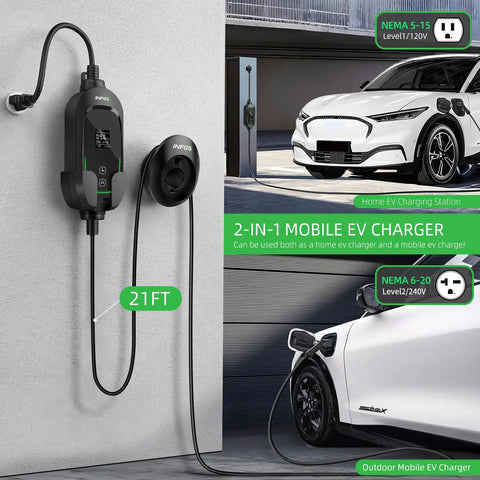 Portable Level 2 EV Charger 40A 9.6kW 240V with adjustable current, 25FT cable, charging two electric cars in garage