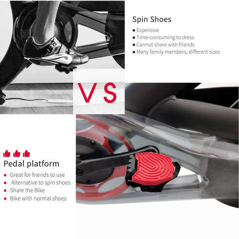 Comparison of pedal adapter for regular shoes on Peloton bikes and spin shoes with visible red and black adapter on pedal.