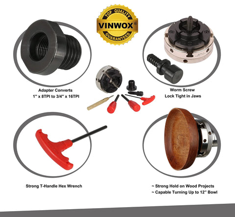 VINWOX 4in self-centering wood lathe chuck with nickel-coated body and 2in jaws; includes adapters and wrench