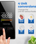 Close-up of Smart Nutrition Food Scale With App, 1g Precision Digital Kitchen Scale For Tracking Calories, 11 lb tare capacity, showing unit conversions for meat, flour, water, milk.