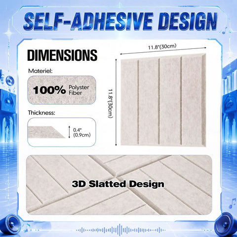 White Slatted Acoustic Foam Panels 24 Pack 12x12x0.4 Inch High Density Polyester Fiber self-adhesive details and dimensions.