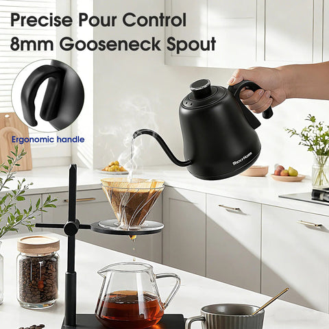 Precision Temperature Control Electric Kettle With 316L Stainless Steel pouring water over coffee in a kitchen setting