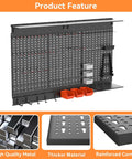Front view of 113 Piece Pegboard Wall Organizer Kit with Hooks Bins and Shelves, heavy-duty steel, modular setup, for garage and workbench.