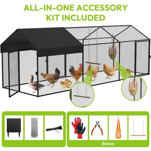 Illustration of Heavy Duty Predator Proof Metal Chicken Run With Cover And Swing 118 Inch Long By 40 Inch Wide By 40 Inch High with accessories