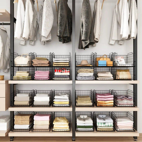 Stackable Closet Organizer Bins 4 Pack For Wardrobe And Laundry Room, Foldable Drawer Shelf Storage, Sturdy Metal Clothes Containers