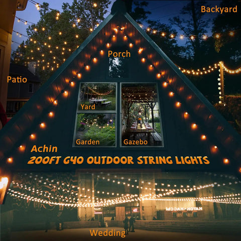 200Ft Outdoor G40 Globe String Lights with 104 Shatterproof LED Bulbs illuminating a house and backyard setup at night