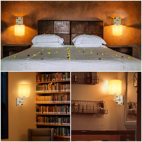 Bedside Wall Sconce With USB Port And AC Outlet, White Fabric Shade, Hardwired Mount Light for bedroom, library, and hotel decor.