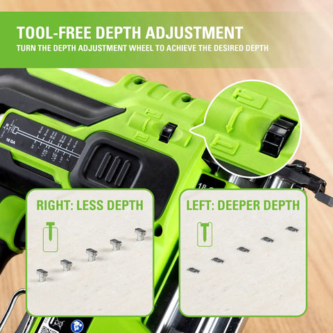 24V 18-Gauge Brushless Cordless AirStrike Brad Nailer Kit with tool-free depth adjustment wheel close-up view