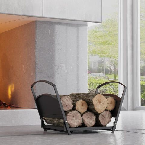 Foldable Fireplace Log Holder and Firewood Rack for Indoor Outdoor Use Heavy Duty Steel Construction by a fireplace
