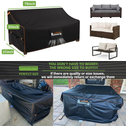 Heavy Duty Waterproof Outdoor Sofa Cover for 3 Seater Patio Couch 79x37x35 inch, shown on multiple patio furniture types.