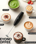 Milk Frother Handheld Electric Whisk For Creamy Foam, Fast Coffee Shop Style Froth next to various drinks and desserts