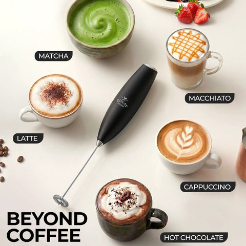 Milk Frother Handheld Electric Whisk For Creamy Foam, Fast Coffee Shop Style Froth next to various drinks and desserts