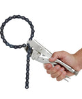 Hand holding 9 Inch Locking Chain Clamp With Adjustable Screw Lock And Easy Trigger Release Built From Heat Treated Alloy Steel