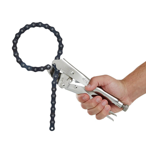 Hand holding 9 Inch Locking Chain Clamp With Adjustable Screw Lock And Easy Trigger Release Built From Heat Treated Alloy Steel