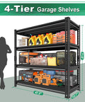 Heavy Duty Steel Garage Shelving Unit With 47.2 Inch Wide 15.7 Inch Deep 71.6 Inch High Black Finish Built Tough For Garage Storage Sturdy All Steel Shelves Storage Rust Resistant Powder Coat Easy Organization, 4-tier black steel rack with tools and bins