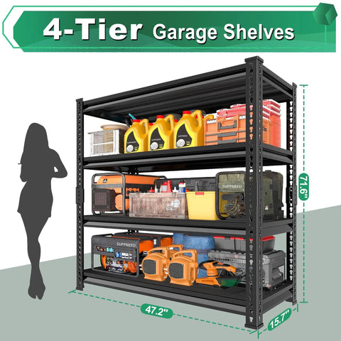 Heavy Duty Steel Garage Shelving Unit With 47.2 Inch Wide 15.7 Inch Deep 71.6 Inch High Black Finish Built Tough For Garage Storage Sturdy All Steel Shelves Storage Rust Resistant Powder Coat Easy Organization, 4-tier black steel rack with tools and bins