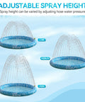Three adjustable spray height views of the Ultimate Outdoor Dog Splash Pad For Summer Fun 59 Inch Anti Slip Sprinkler Pool Water Play Mat