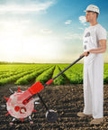 Man using Hand Push Manual Seeder With 6 Nozzle Row Crop Planter, 8.27Lb Seed Capacity For Corn Cotton Soybean Peanut Seeds, Precision Sowing Tool