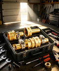 Heavy Duty Garden Hose Repair Kit With 3/4 Inch Brass Male Female Connectors And Stainless Clamps For Quick, Leak Proof Fixes On 1/2 Inch Barb Hoses The Ultimate Fix So You Can Get Your Water Flowing Again Today. Brass hose repair kit in case with clamps and tools