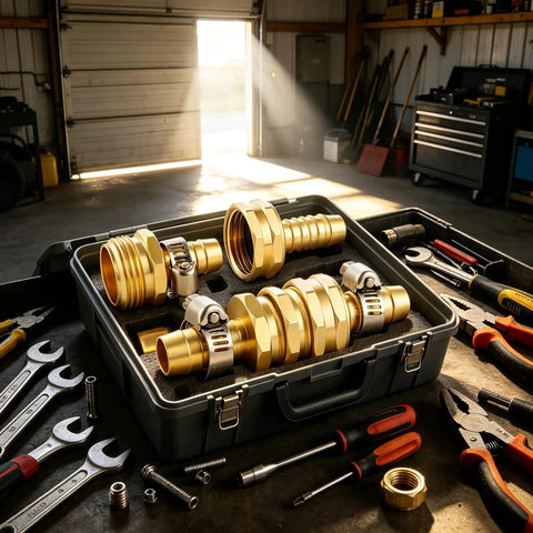 Heavy Duty Garden Hose Repair Kit With 3/4 Inch Brass Male Female Connectors And Stainless Clamps For Quick, Leak Proof Fixes On 1/2 Inch Barb Hoses The Ultimate Fix So You Can Get Your Water Flowing Again Today. Brass hose repair kit in case with clamps and tools