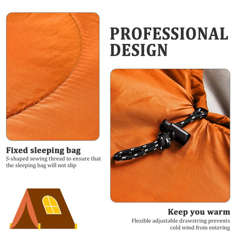 Warm Weather Sleeping Bag For Outdoors Portable Waterproof And Lightweight With Compression Sack Ultra Comfortable For Camping Backpacking And Hiking 83 X 30 Inches Fits Adults Orange with close-up of stitching and drawstring design for secure fit.