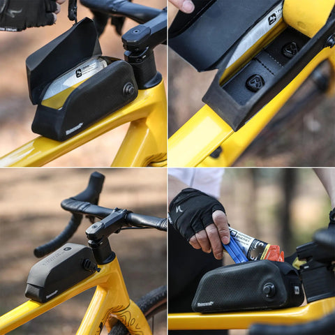 Slim Fit Bike Top Tube Bag Waterproof IPX4 Magnetic Closure Frame Pouch For Road And MTB, mounted with anti-slip straps, 0.6L capacity