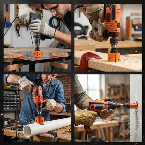 Bi-Metal Hole Saw Kit With One Arbor Fits All, 17-Piece Set From 3/4 to 2-1/2 Inch Hole Saws in use cutting wood and metal
