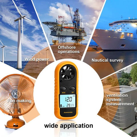 Handheld Anemometer Wind Meter With Temperature Readout, orange digital wind gauge for wind power, offshore and HVAC use