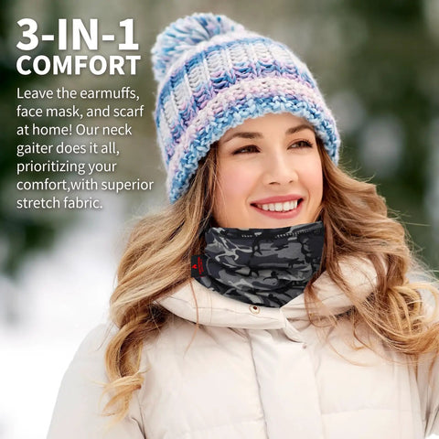 Straight Up Flame Resistant Neck Gaiter Two Pack With Fire Retardant Face Mask For Job Site Safety Welding Motorcycle Riding And Wildfire Protection Breathable UV Shield worn by a woman in winter gear.