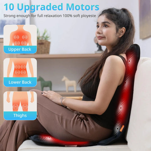 Woman using Ten Vibrating Motors Massage Seat Cushion With Heat, Back Massager For Chair, Heated Seat Cover for pain relief.