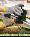 Person using mandoline slicer wearing Ambidextrous Cut Resistant Kitchen Gloves ANSI A7 Five Times Cut Protection Size L PR1508.