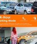 Graphic showing cars with 24-hour parking mode feature, highlighting Dual 4K Front And 1080P Rear Dash Cam With GPS And WiFi.
