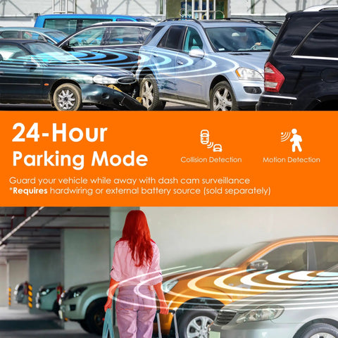 Graphic showing cars with 24-hour parking mode feature, highlighting Dual 4K Front And 1080P Rear Dash Cam With GPS And WiFi.