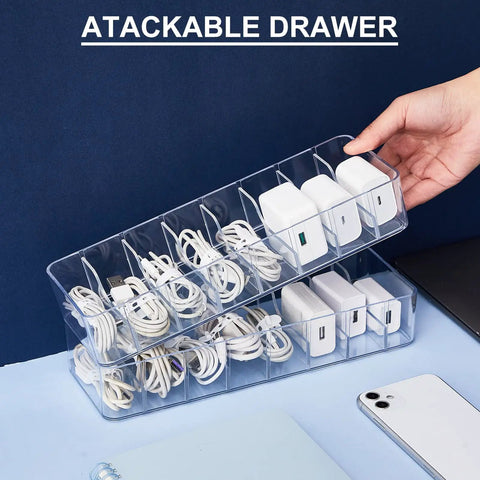 Hand holding a 2 Pack Cable Organizer Box with 20 Wire Ties, showing adjustable compartments and clear storage for cables.