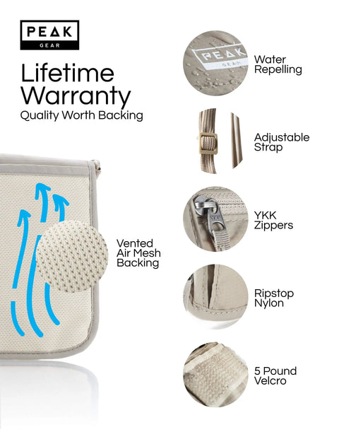 RFID Blocking Neck Wallet For Travel With Adjustable Crossbody Strap Theft Protection And Lost And Found Service Beige Durable Water Repellent Ripstop Nylon Your Go To Travel Must Have product features with vented air mesh backing, adjustable strap, YKK zippers, ripstop nylon, 5 pound velcro.