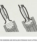Illustration showing hydraulic valve lifter tool for easy removal and installation through pushrod holes, stops oil squirting.