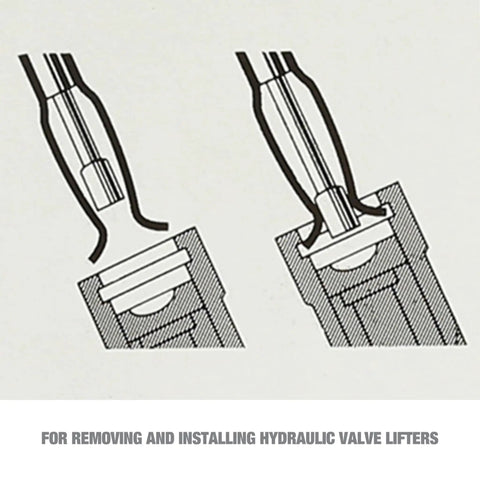 Illustration showing hydraulic valve lifter tool for easy removal and installation through pushrod holes, stops oil squirting.