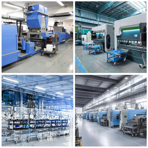 Industrial machinery setup with carts using Heavy Duty 6 Inch By 2 Inch Caster Wheels With Polyurethane Tread On Polypropylene Core